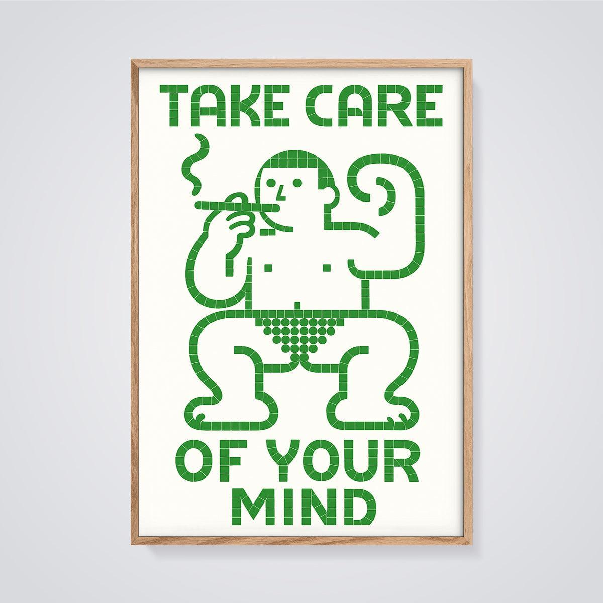 Take Care of Your Mind Figure Print framed in oak on a grey background