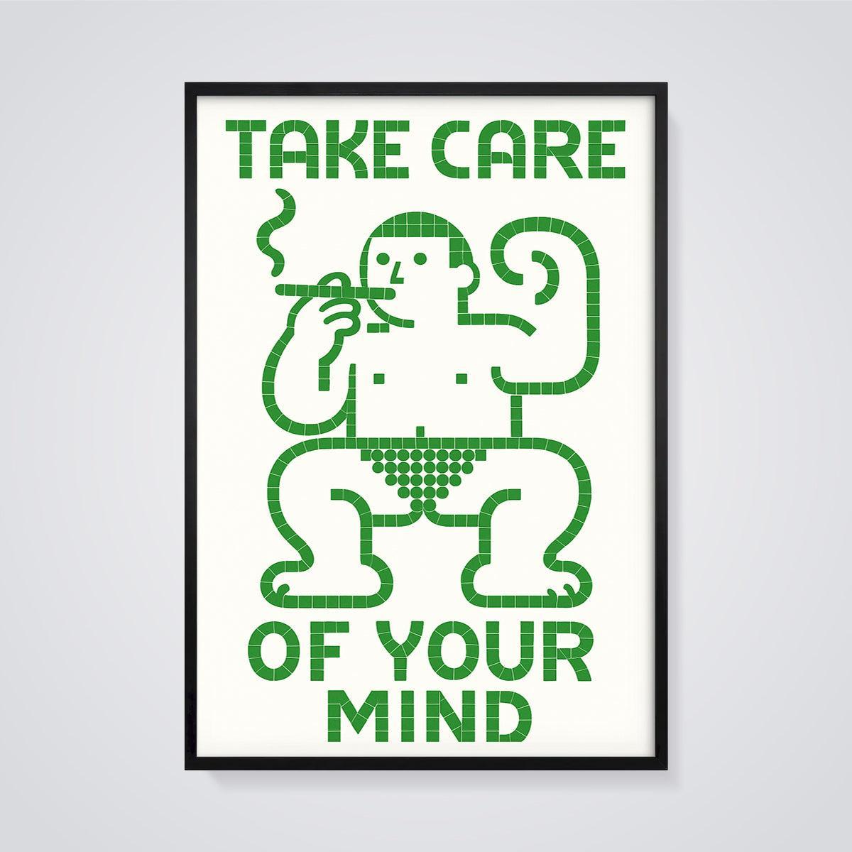 Take Care of Your Mind Figure Print framed in black on a grey background