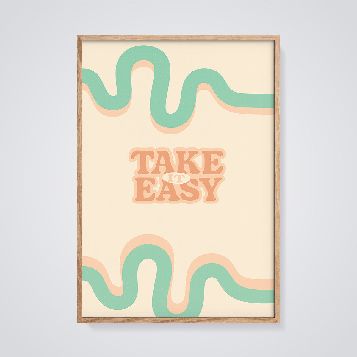 Take It Easy Wavy Print framed in oak on a grey background