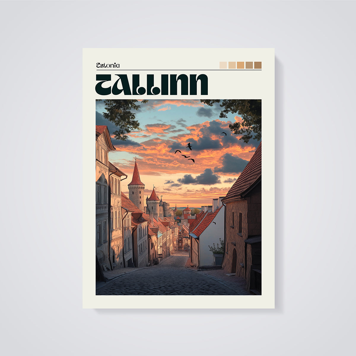 Tallinn Sunset Street Print unframed on a grey background