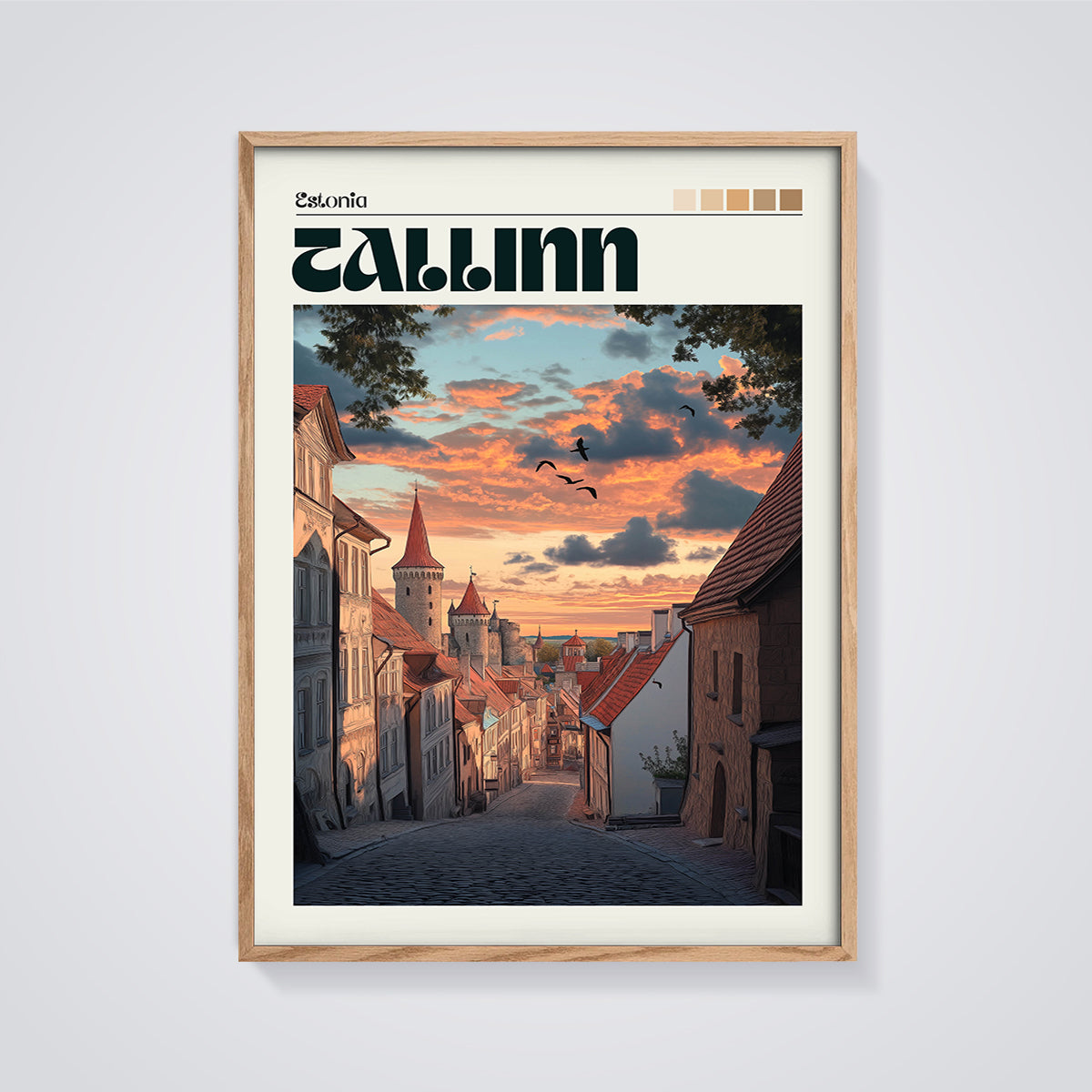 Tallinn Sunset Street Print framed in oak on a grey background