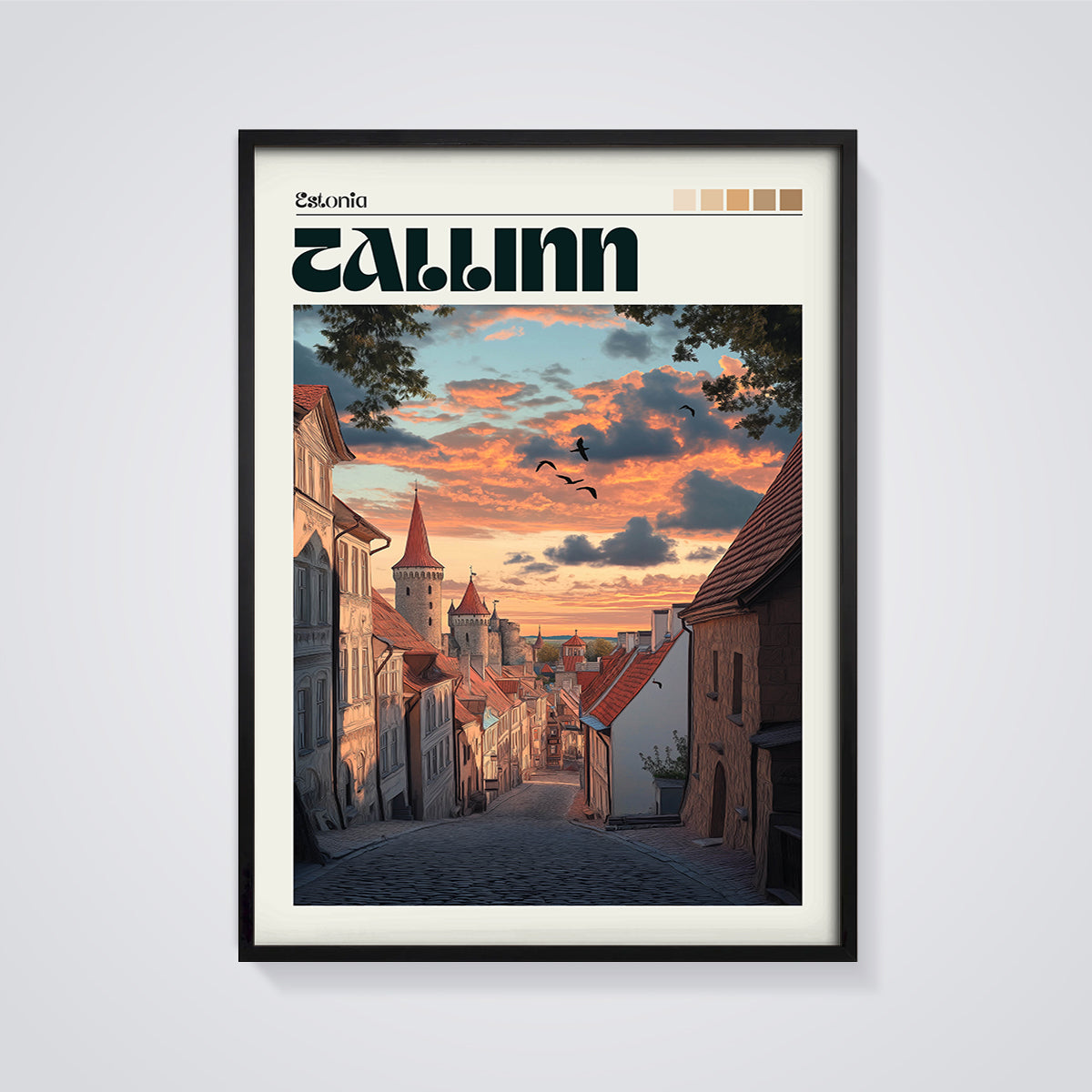 Tallinn Sunset Street Print framed in black on a grey background