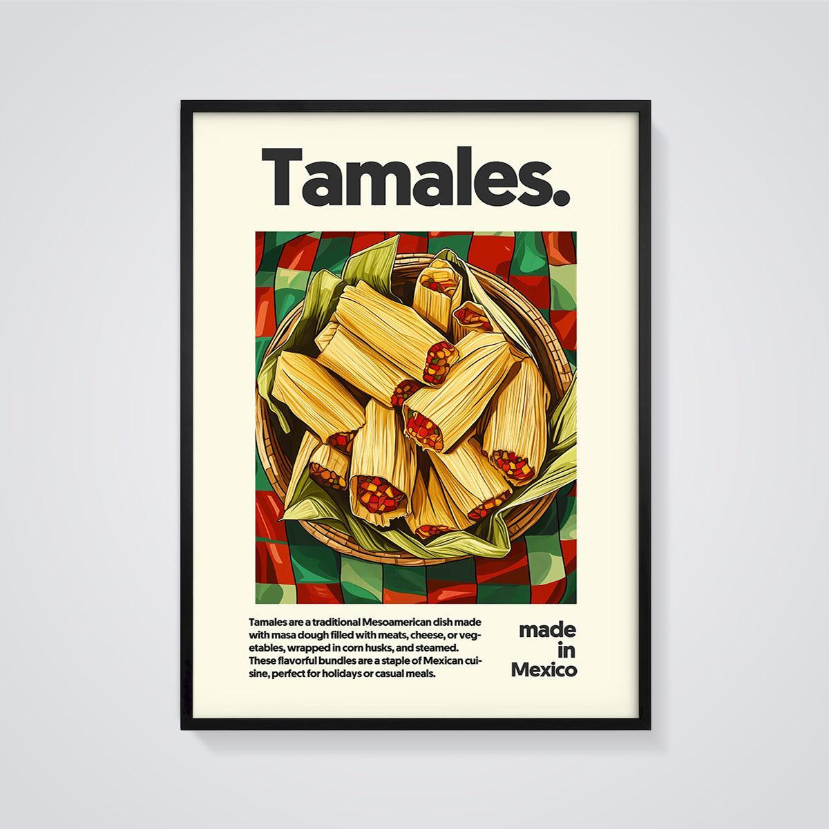 Tamales Food Print framed in black on a grey background