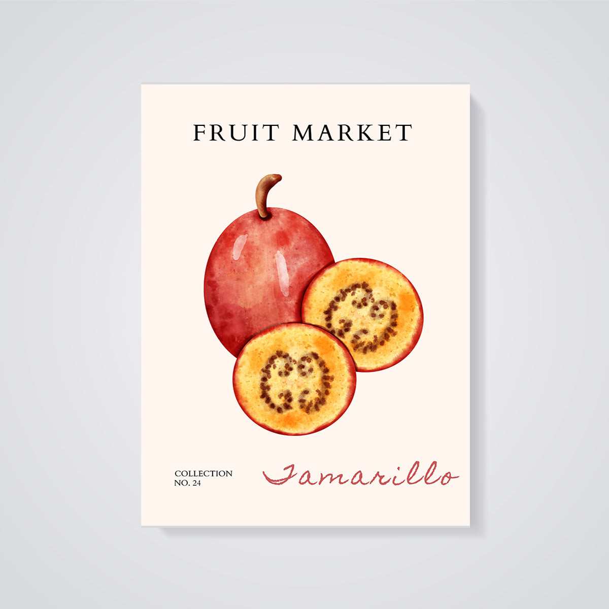 Tamarillo Fruit Market Print unframed on a grey background