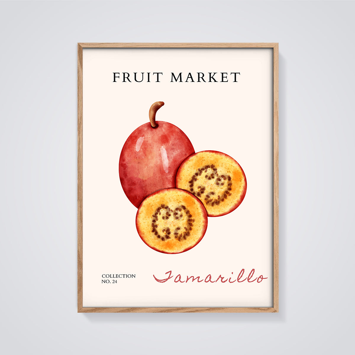 Tamarillo Fruit Market Print framed in oak on a grey background