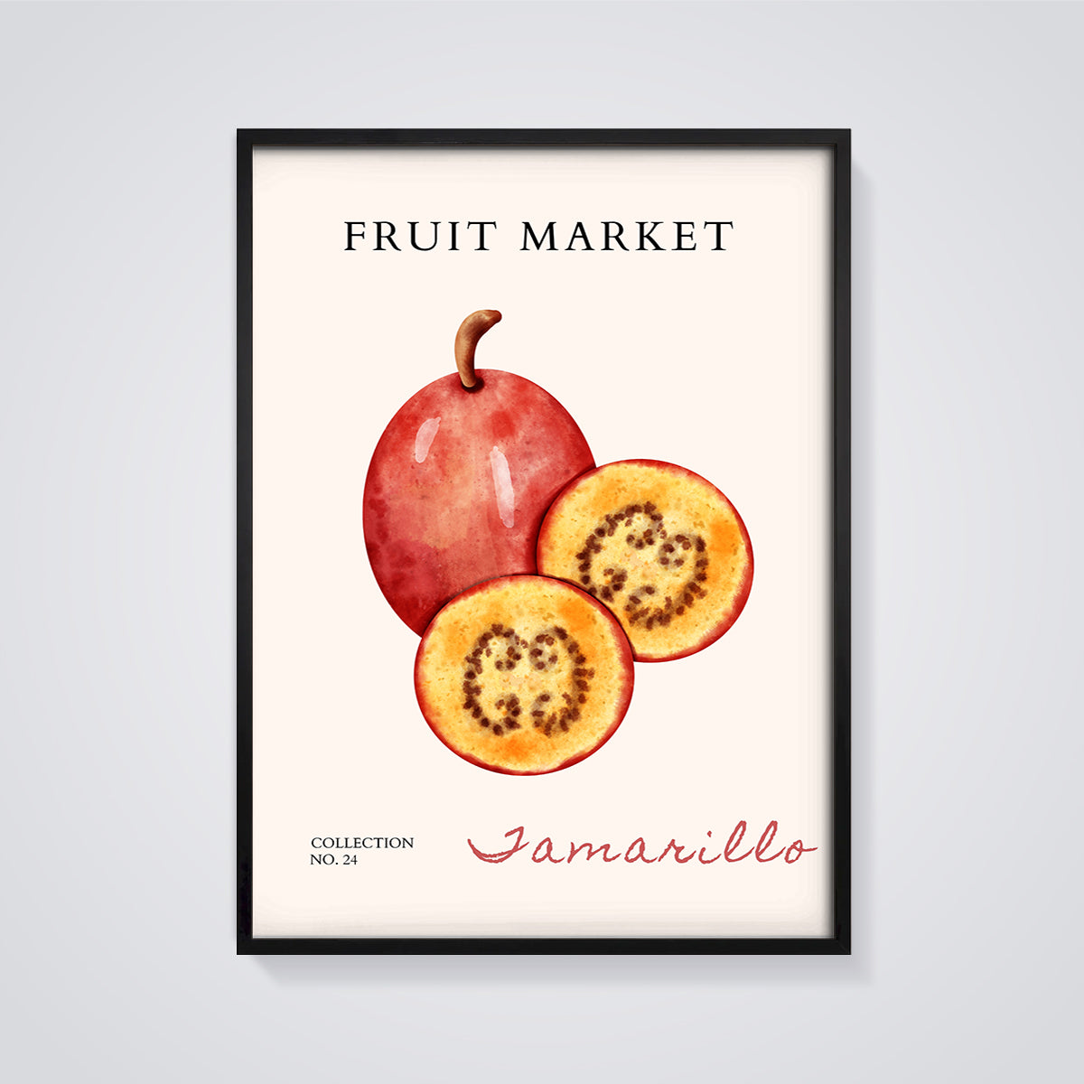 Tamarillo Fruit Market Print framed in black on a grey background
