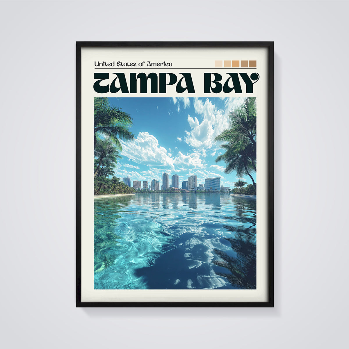 Tampa Bay Waterfront City Print framed in black on a grey background