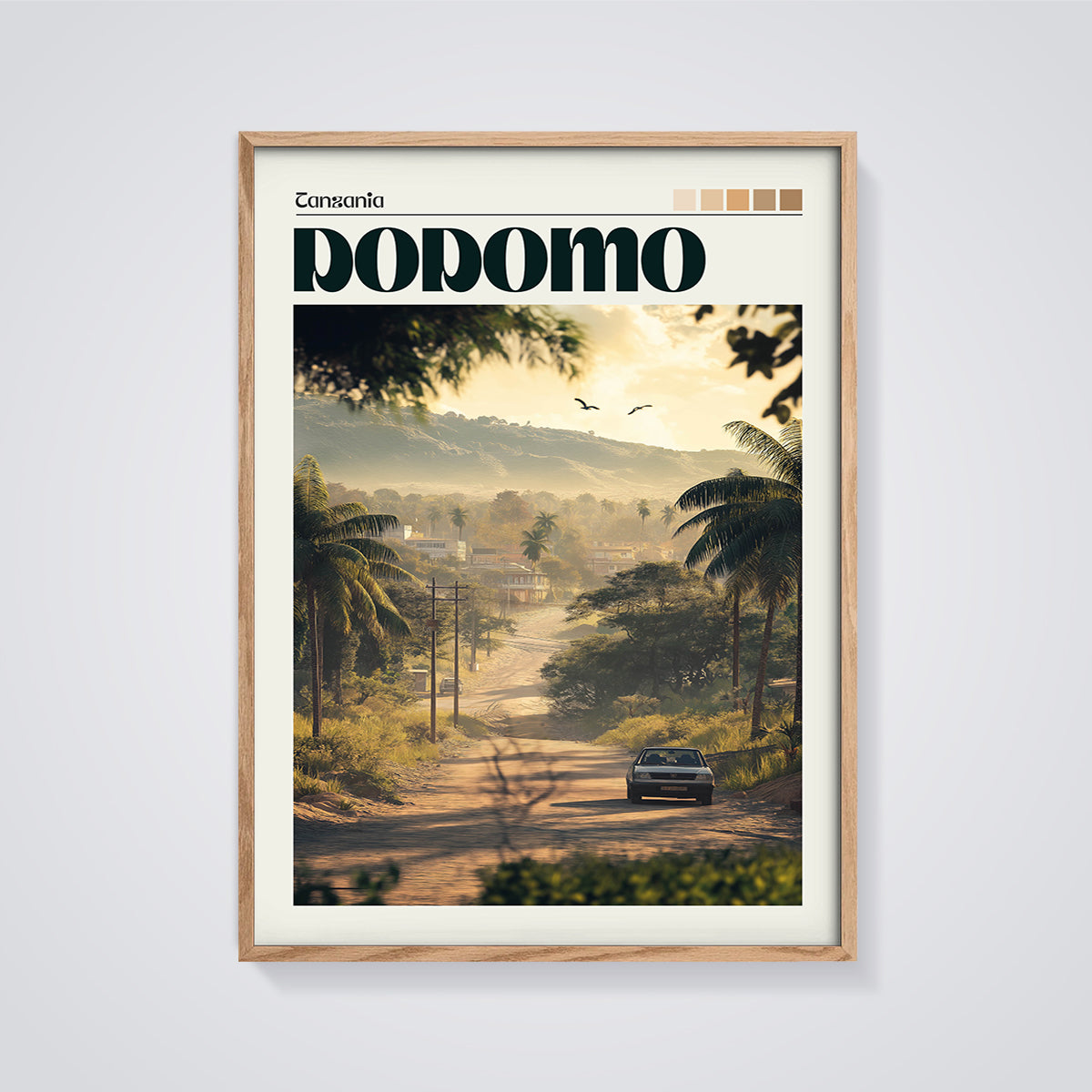 Tanzania Dopomo Road Print framed in oak on a grey background