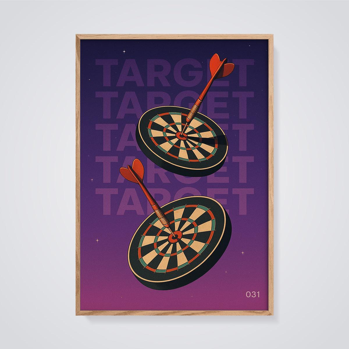 Target Bullseye Darts Print framed in oak on a grey background
