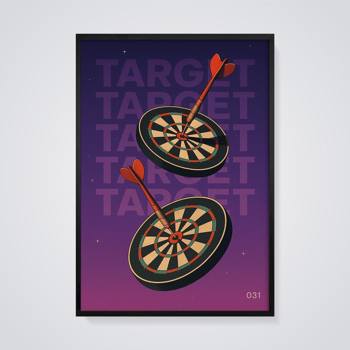 Target Bullseye Darts Print framed in black on a grey background