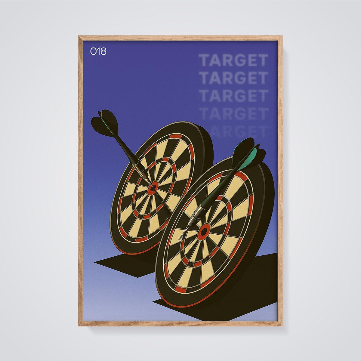 Target Dartboards Print framed in oak on a grey background