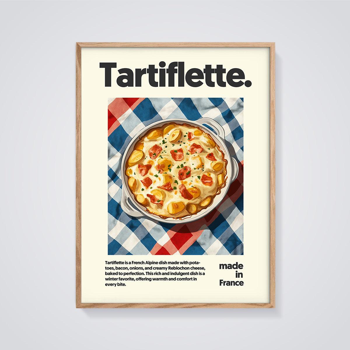 Tartiflette French Alpine Dish Print framed in oak on a grey background