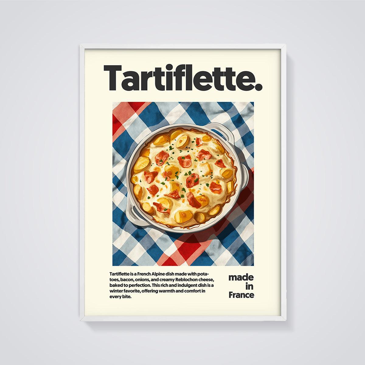 Tartiflette French Alpine Dish Print framed in white on a grey background