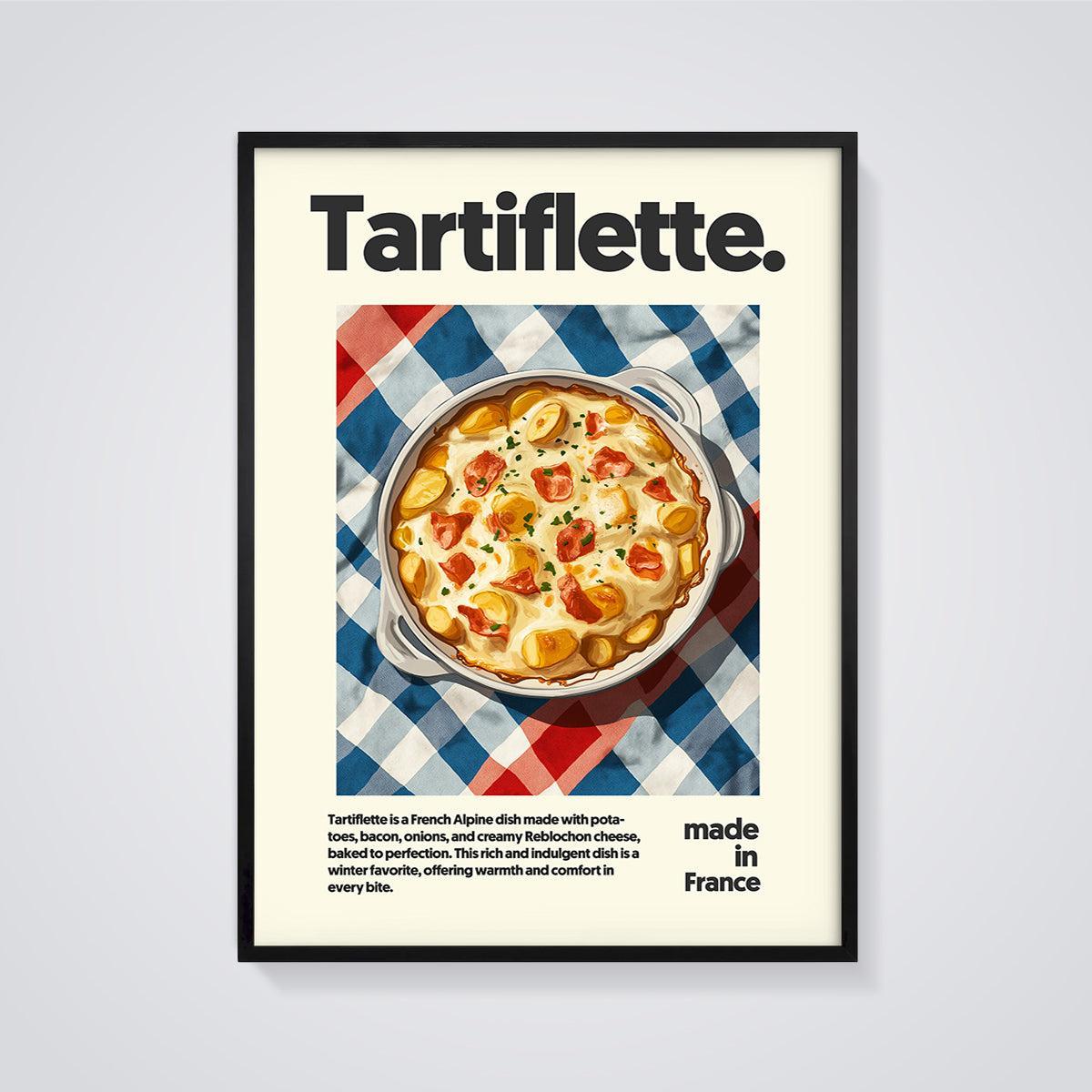Tartiflette French Alpine Dish Print framed in black on a grey background
