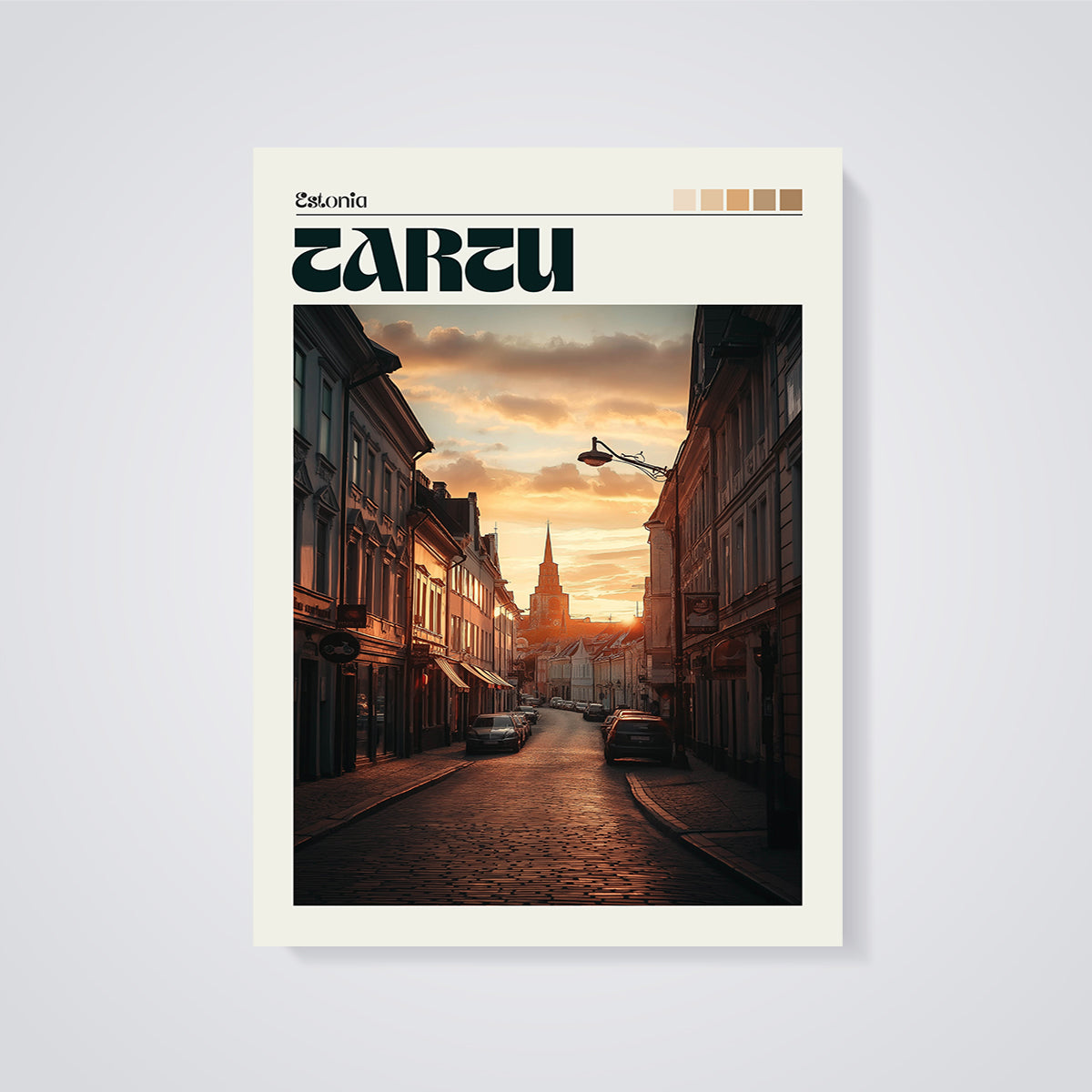 Tartu Estonia Sunset Street Print unframed on a grey background