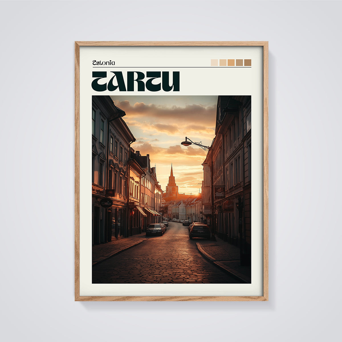 Tartu Estonia Sunset Street Print framed in oak on a grey background