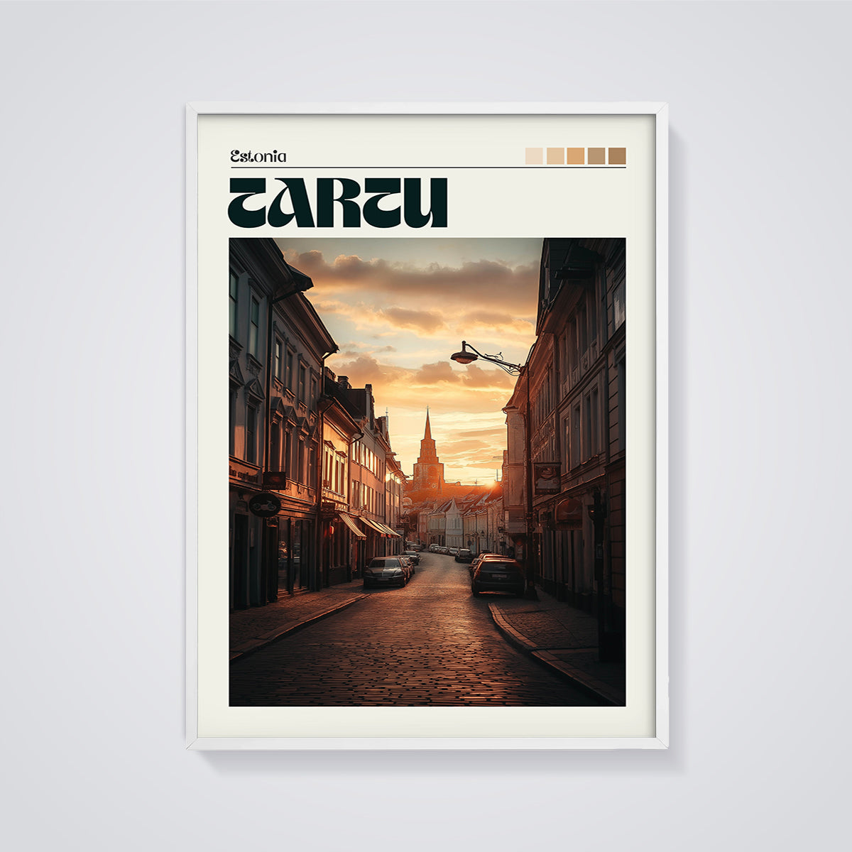 Tartu Estonia Sunset Street Print framed in white on a grey background