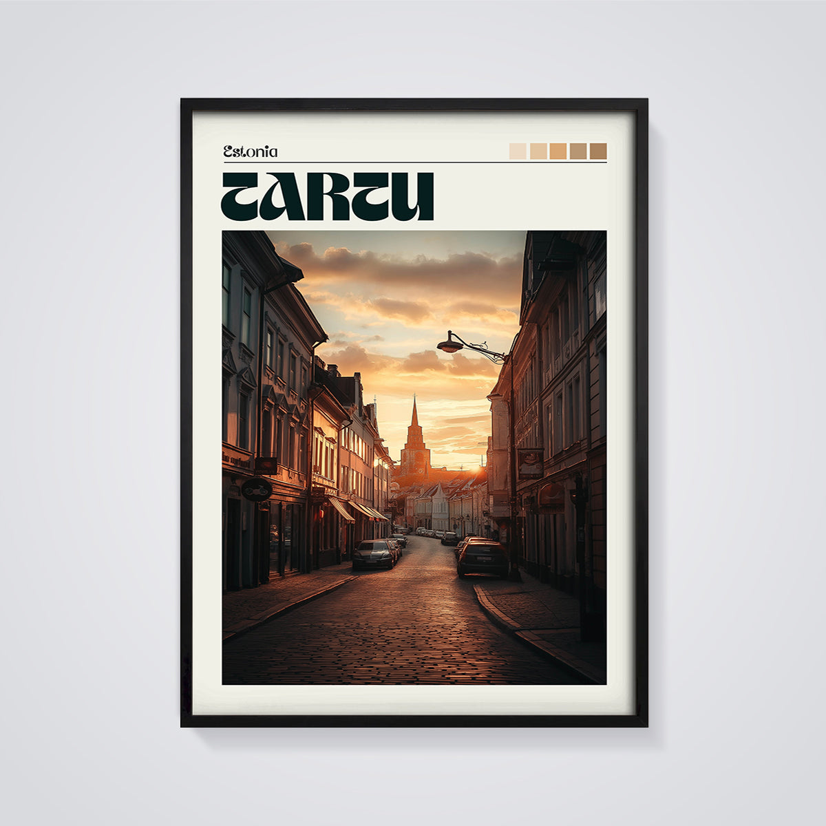 Tartu Estonia Sunset Street Print framed in black on a grey background