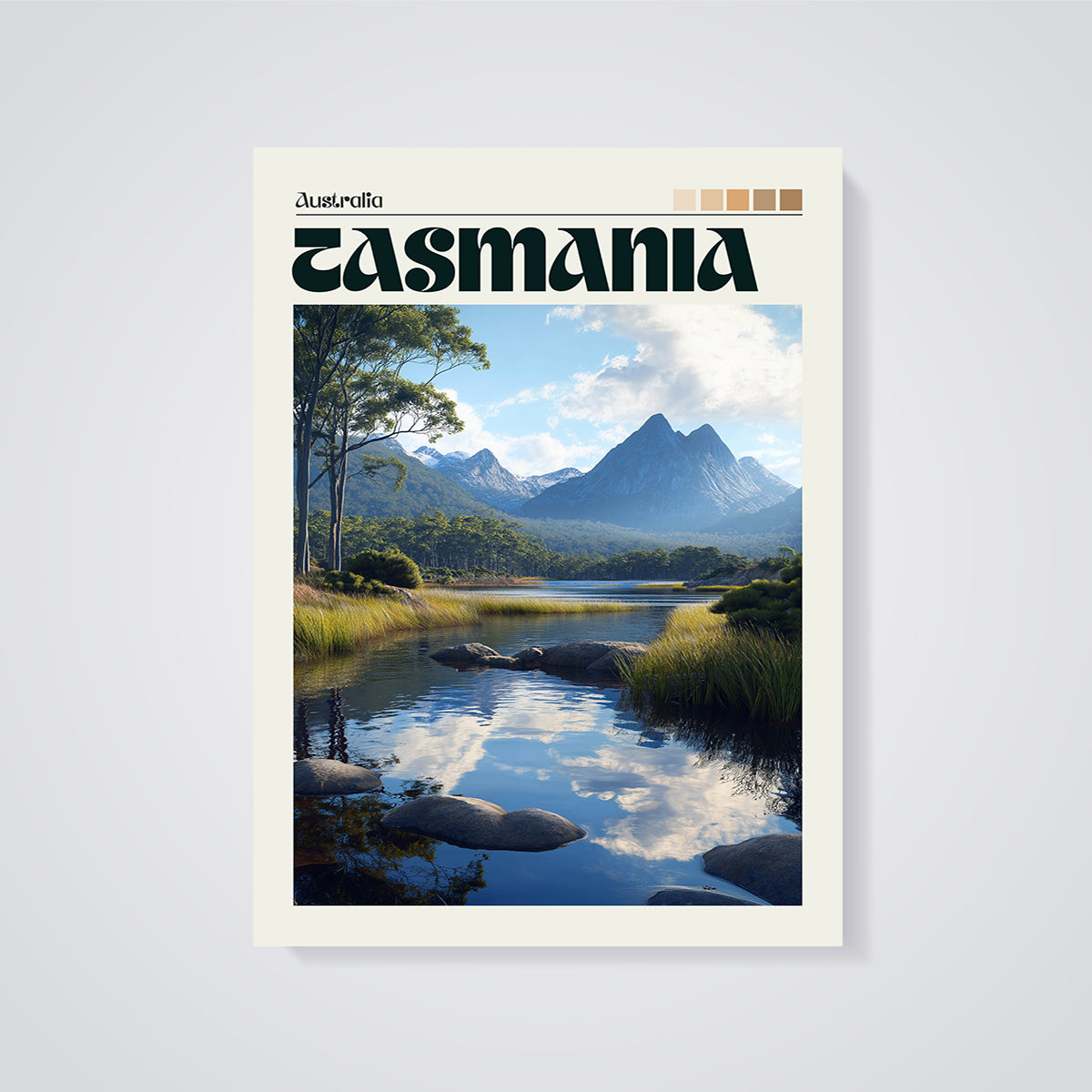 Tasmania Mountain Lake Print unframed on a grey background