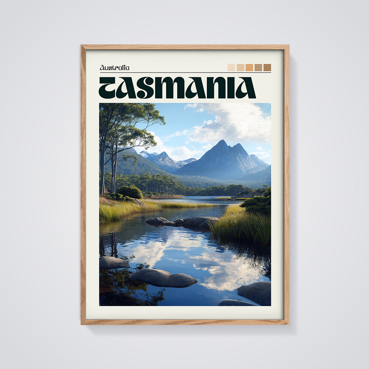 Tasmania Mountain Lake Print framed in oak on a grey background