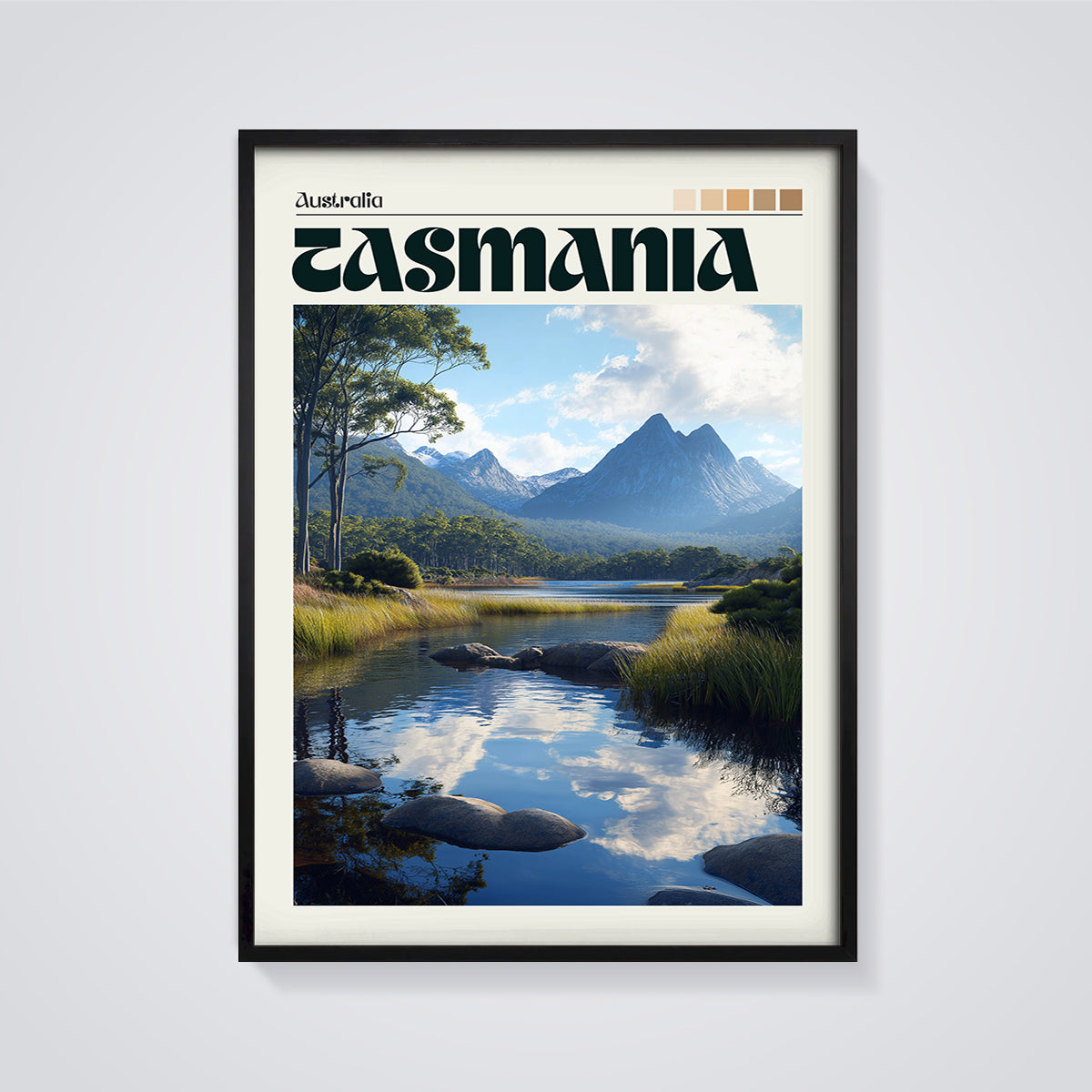 Tasmania Mountain Lake Print framed in black on a grey background