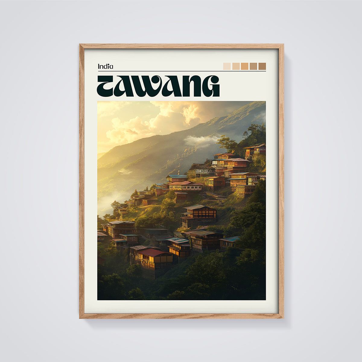 Tawang India Village Sunset Print framed in oak on a grey background