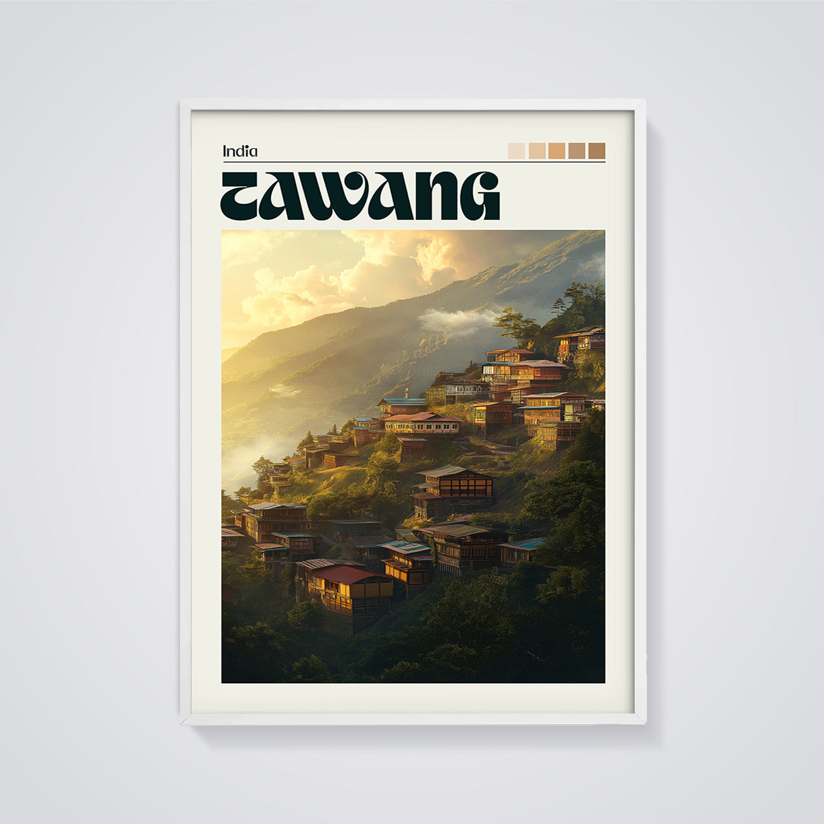 Tawang India Village Sunset Print framed in white on a grey background