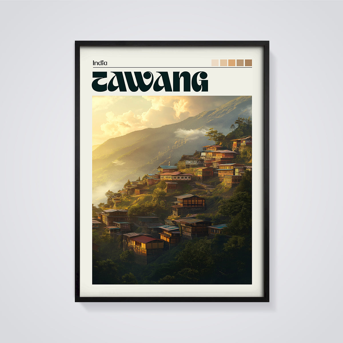 Tawang India Village Sunset Print framed in black on a grey background