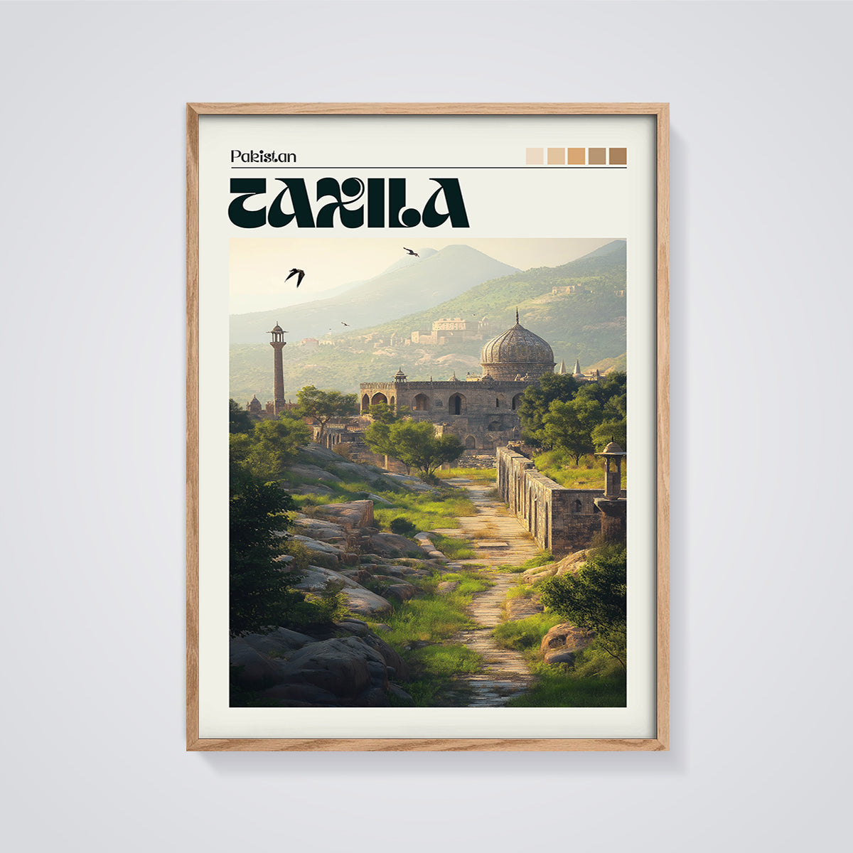Taxila Ancient City Print framed in oak on a grey background