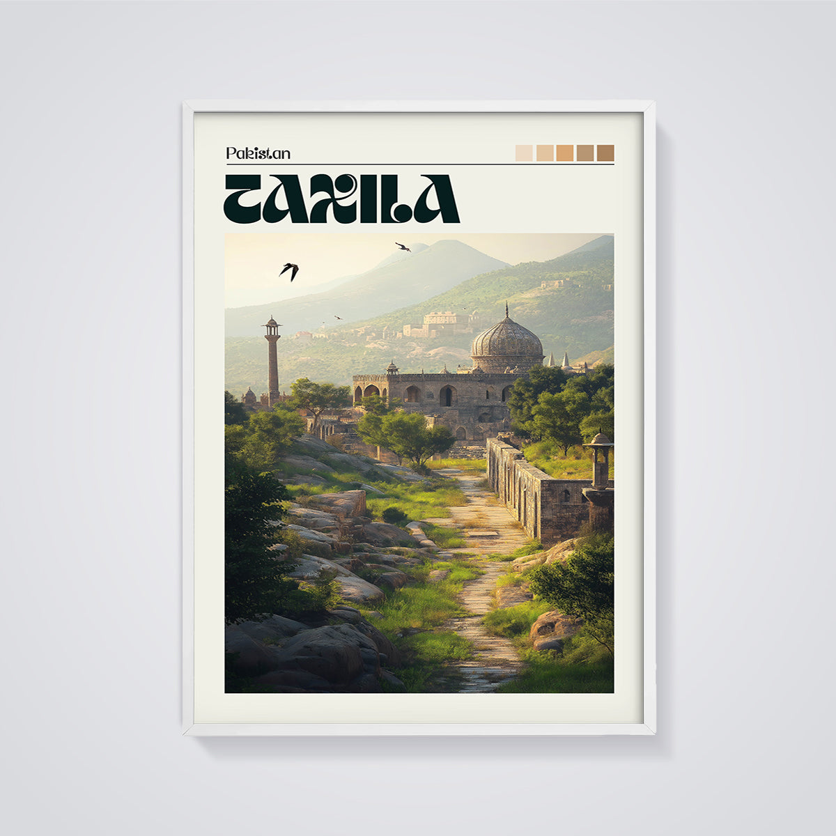 Taxila Ancient City Print framed in white on a grey background