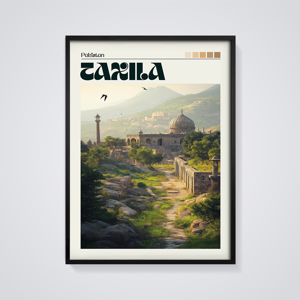 Taxila Ancient City Print framed in black on a grey background