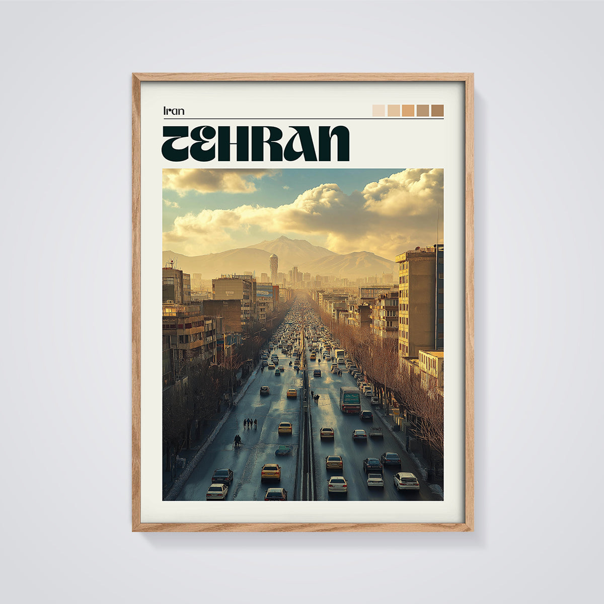 Tehran City View Print framed in oak on a grey background