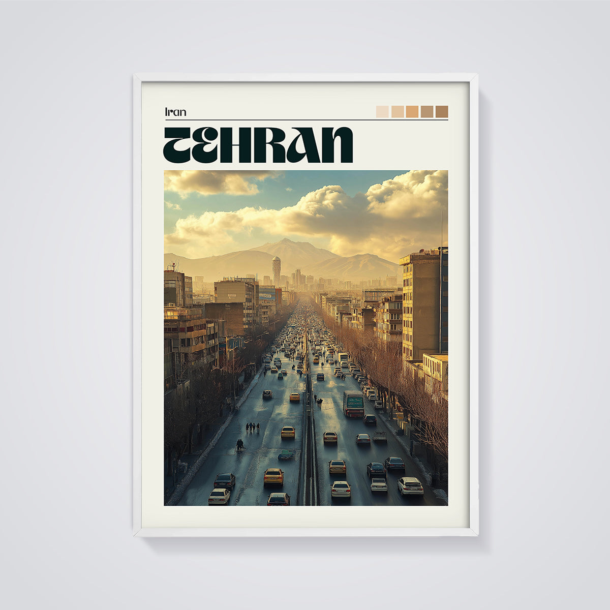 Tehran City View Print framed in white on a grey background