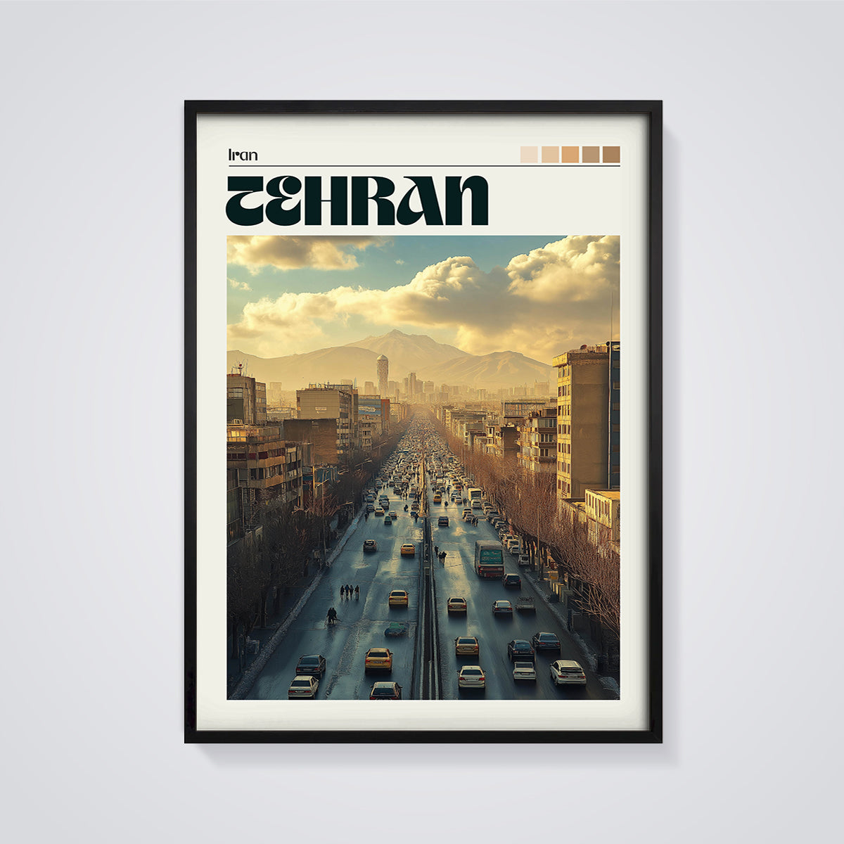 Tehran City View Print framed in black on a grey background