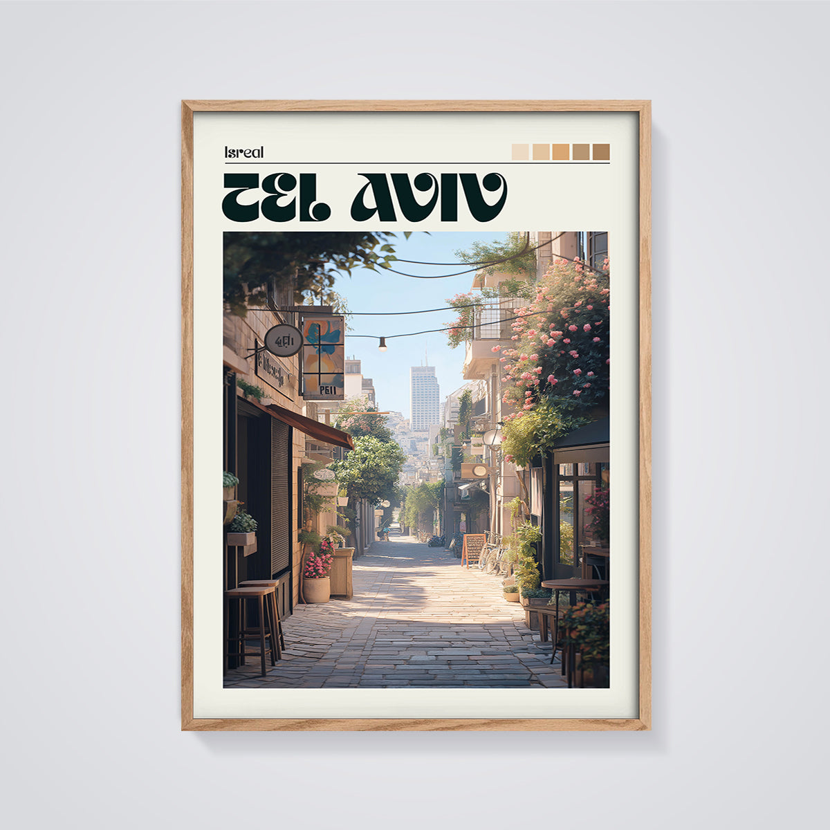 Tel Aviv Alleyway Street Print framed in oak on a grey background