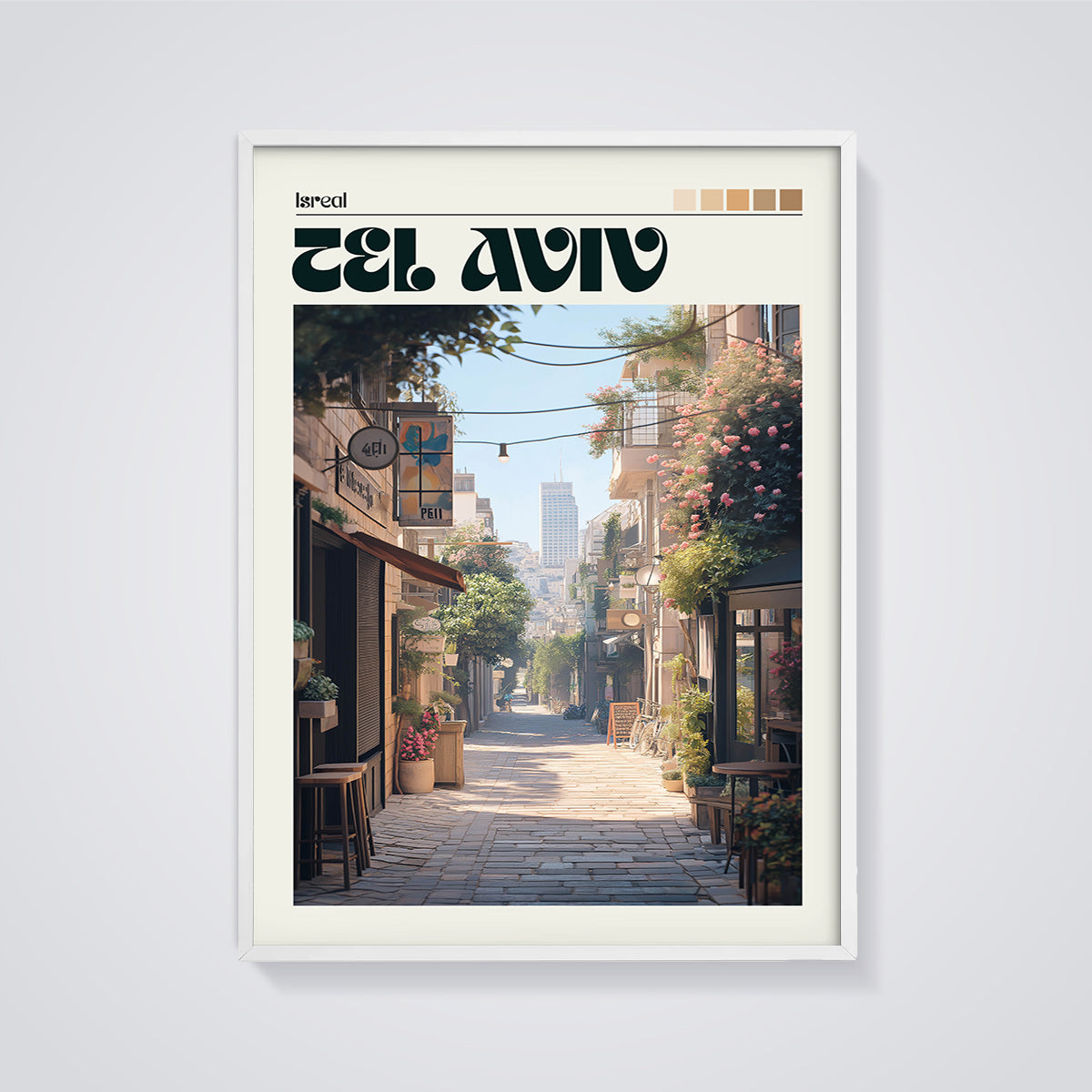 Tel Aviv Alleyway Street Print framed in white on a grey background