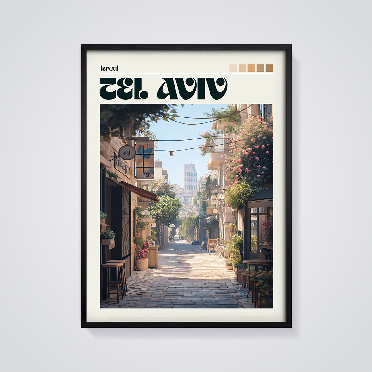 Tel Aviv Alleyway Street Print framed in black on a grey background