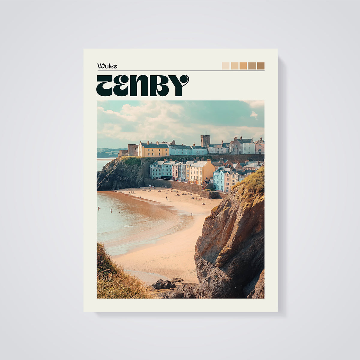 Tenby Wales Coastal Town Print unframed on a grey background