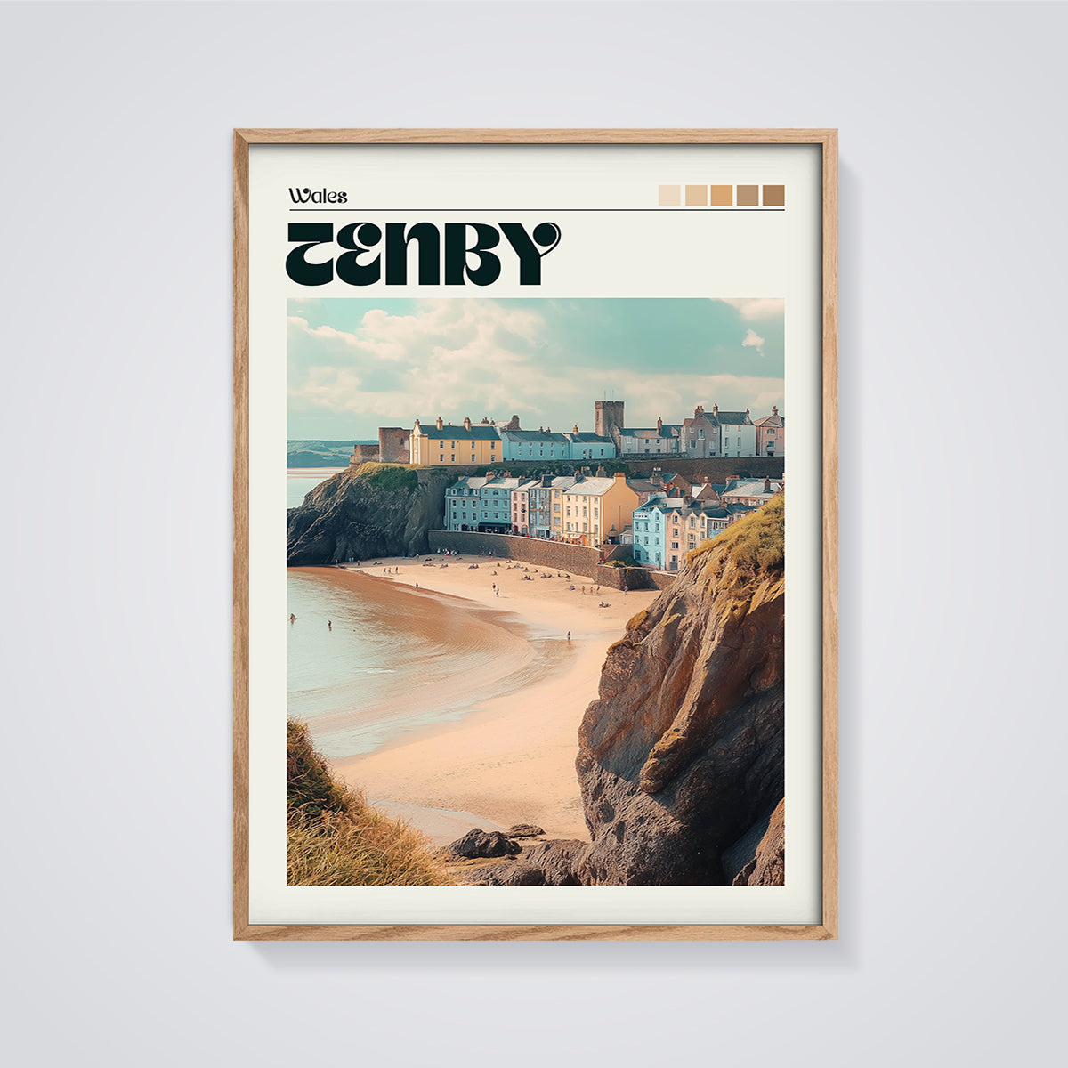 Tenby Wales Coastal Town Print framed in oak on a grey background