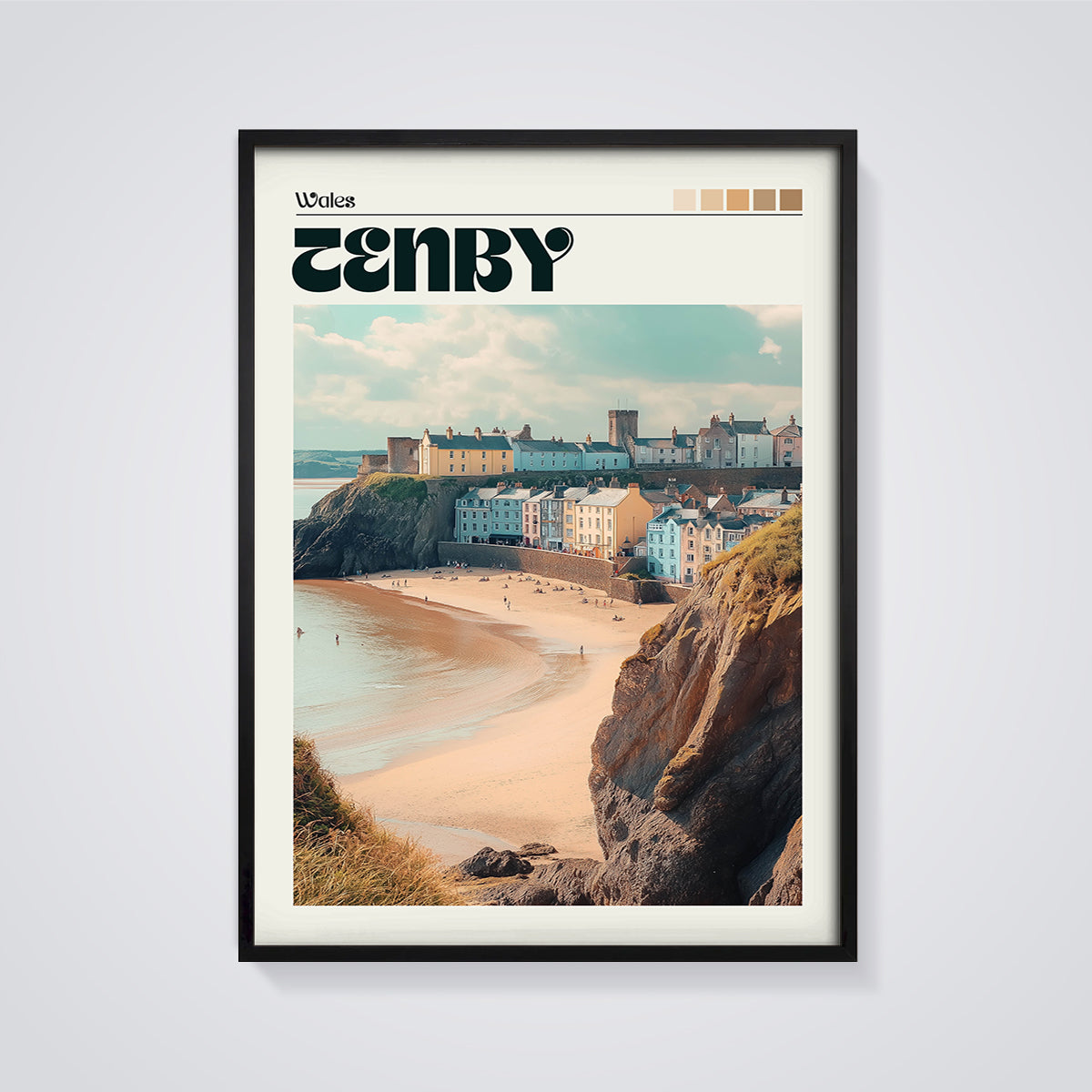Tenby Wales Coastal Town Print framed in black on a grey background
