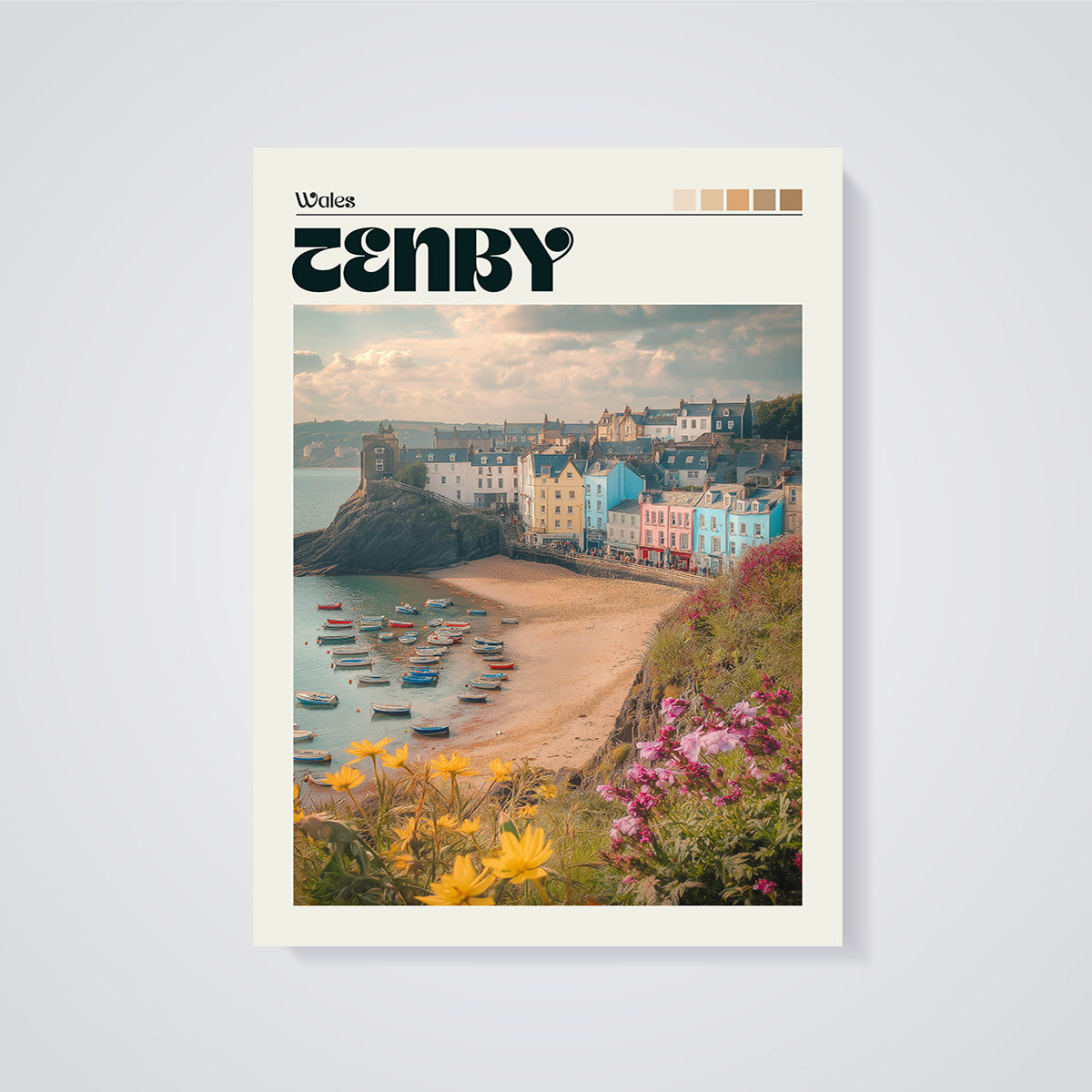 Tenby Wales Harbor Print unframed on a grey background