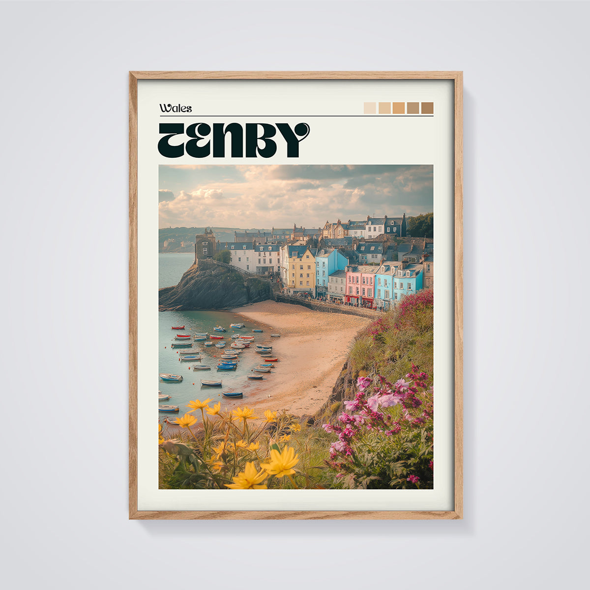 Tenby Wales Harbor Print framed in oak on a grey background