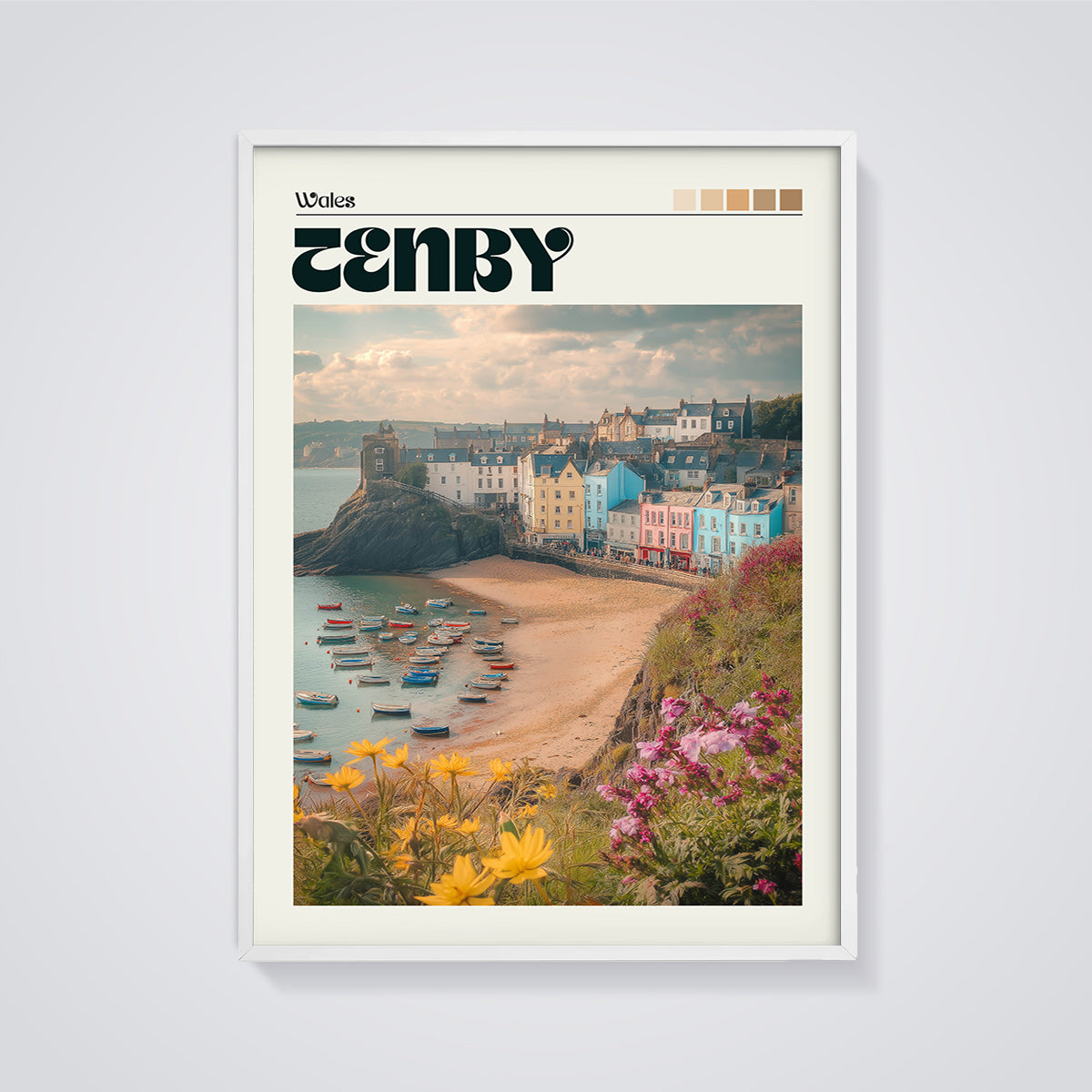 Tenby Wales Harbor Print framed in white on a grey background