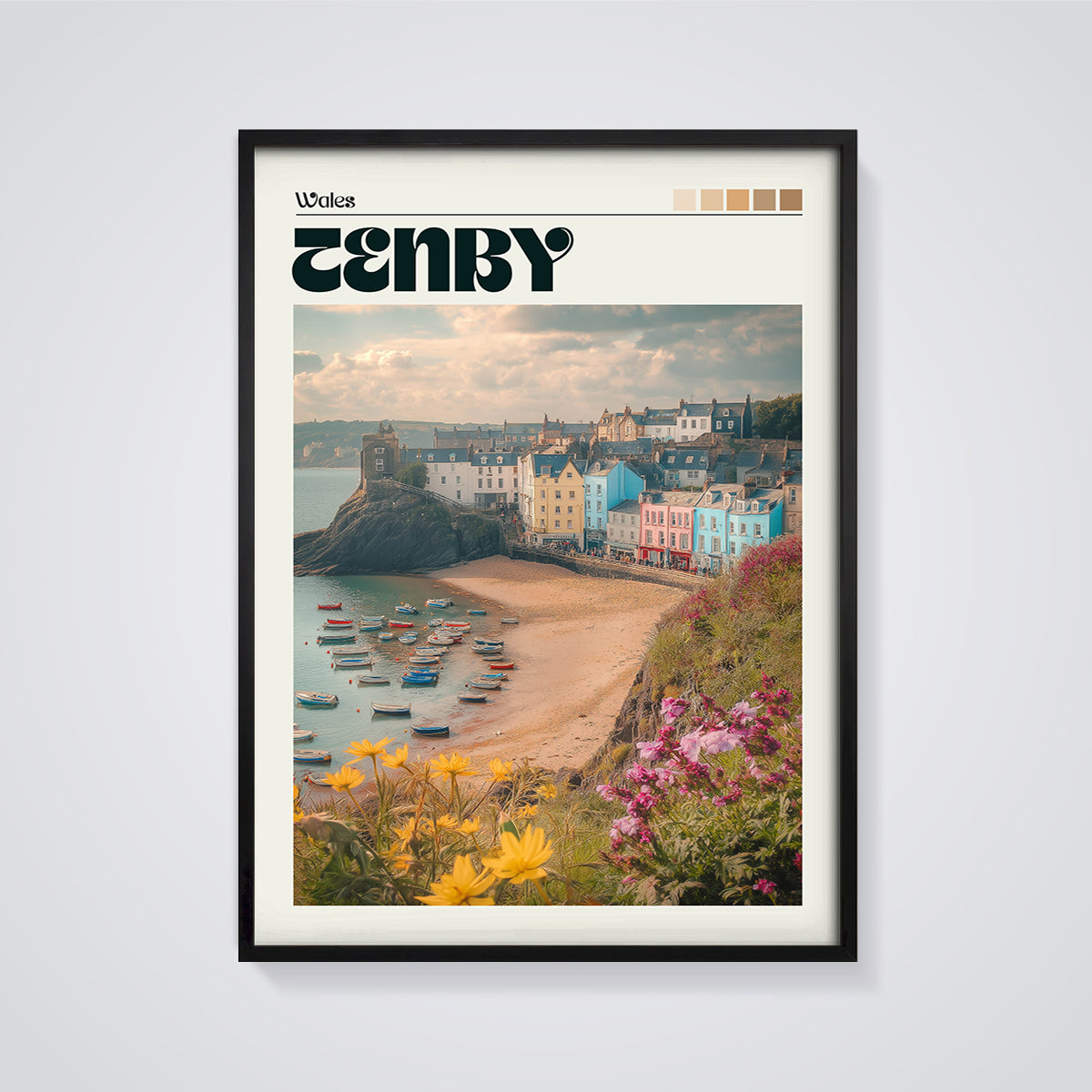 Tenby Wales Harbor Print framed in black on a grey background