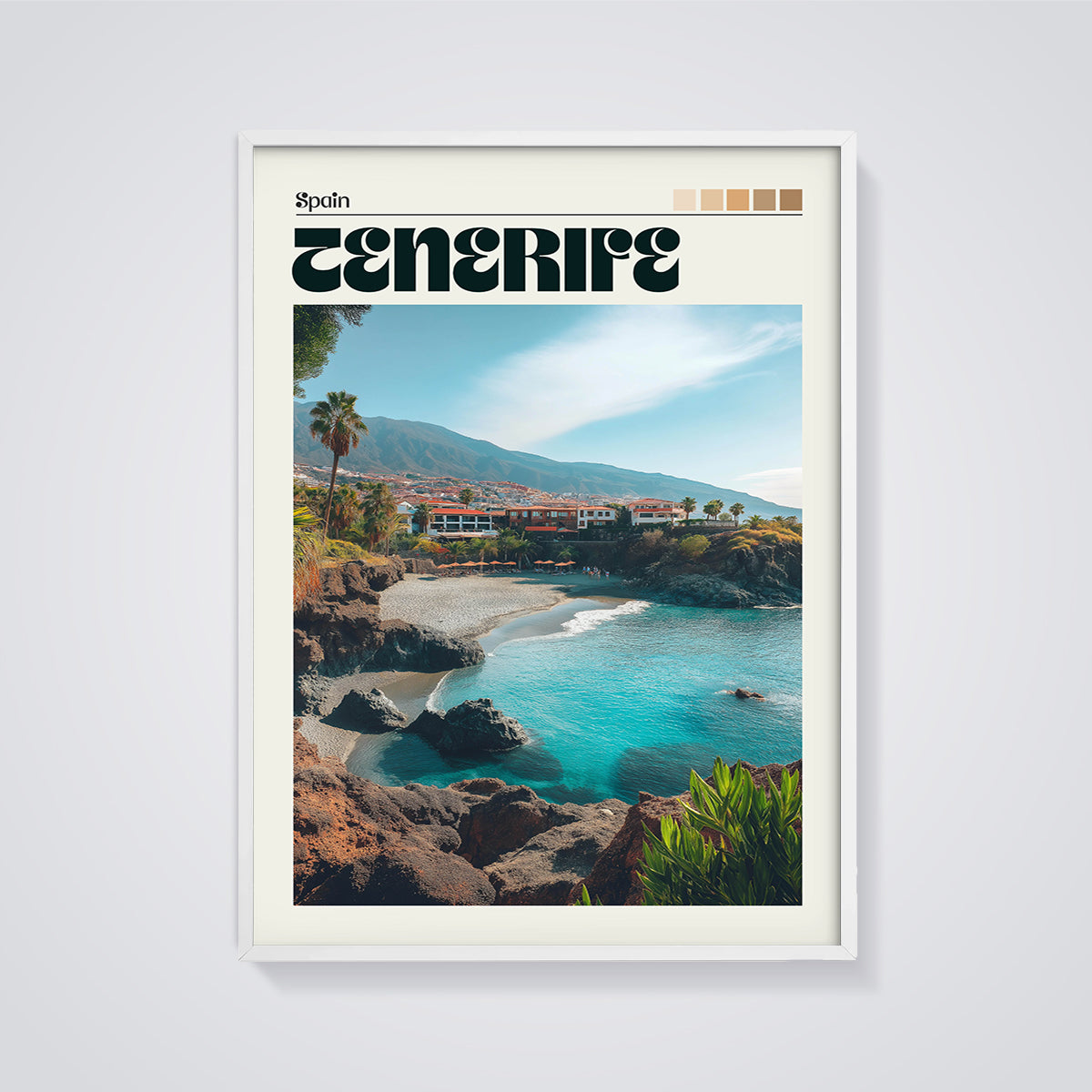 Tenerife Coastal Cove Print framed in white on a grey background