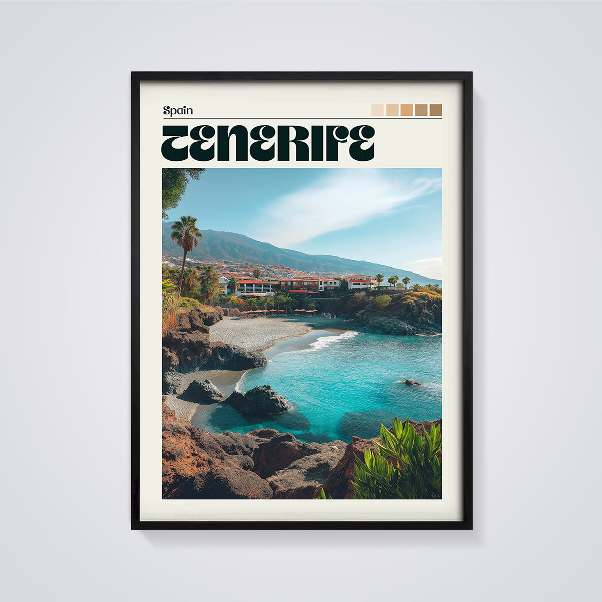 Tenerife Coastal Cove Print framed in black on a grey background