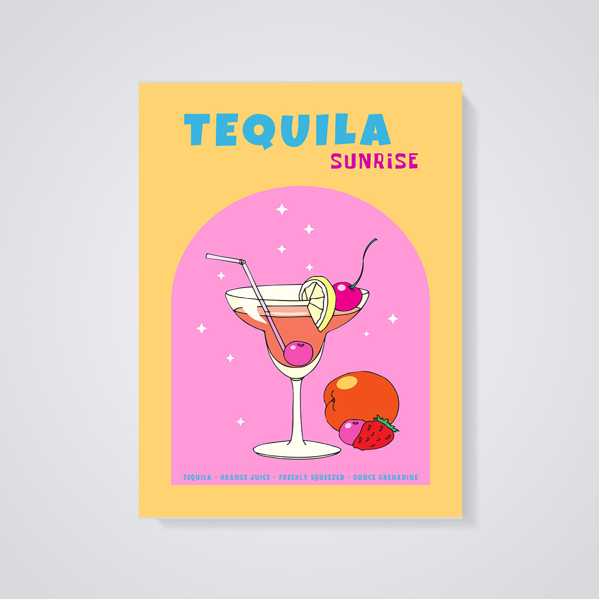 Tequila Sunrise Cocktail Print unframed on a grey background