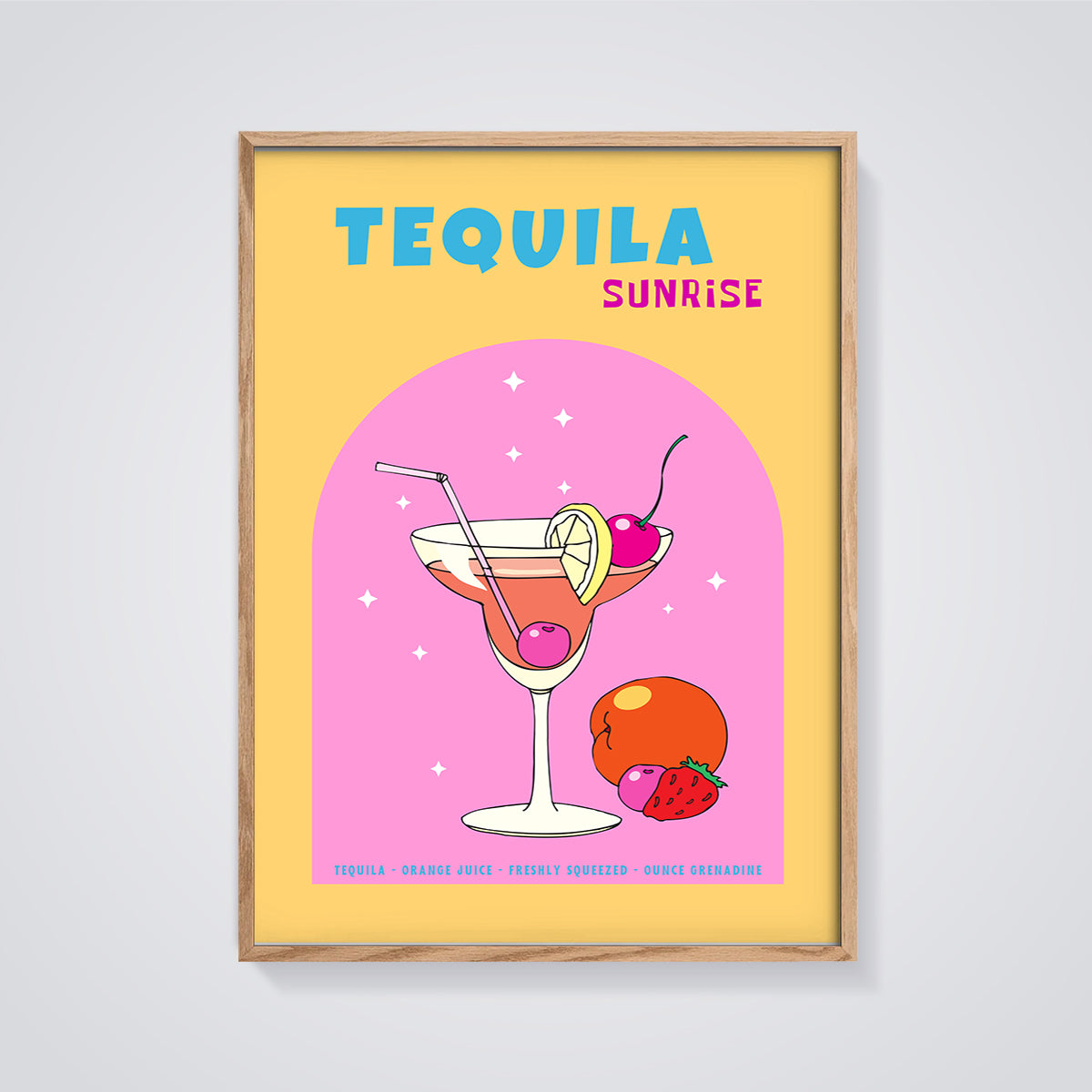 Tequila Sunrise Cocktail Print framed in oak on a grey background