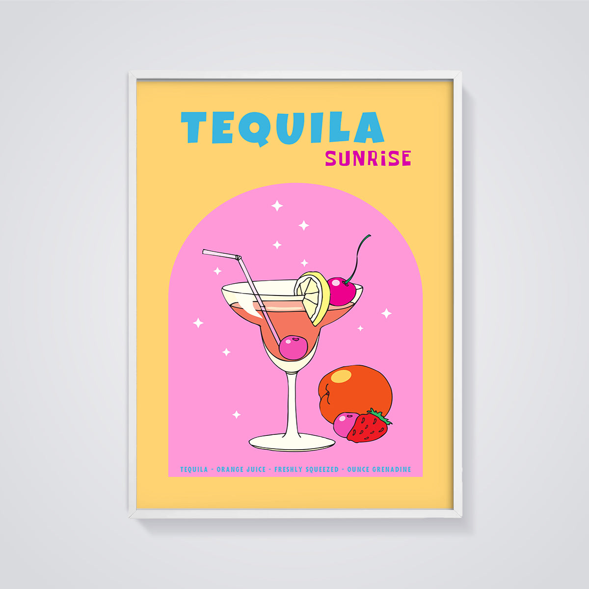 Tequila Sunrise Cocktail Print framed in white on a grey background