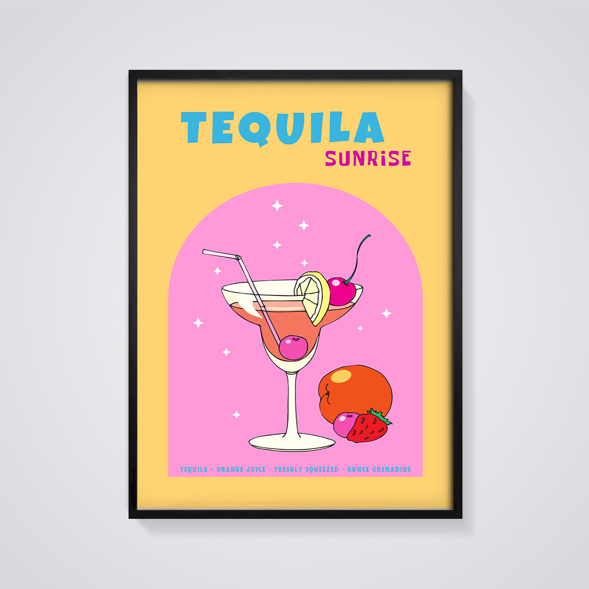 Tequila Sunrise Cocktail Print framed in black on a grey background